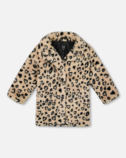 Printed Fake Fur Long Coat Black And Beige Leopard