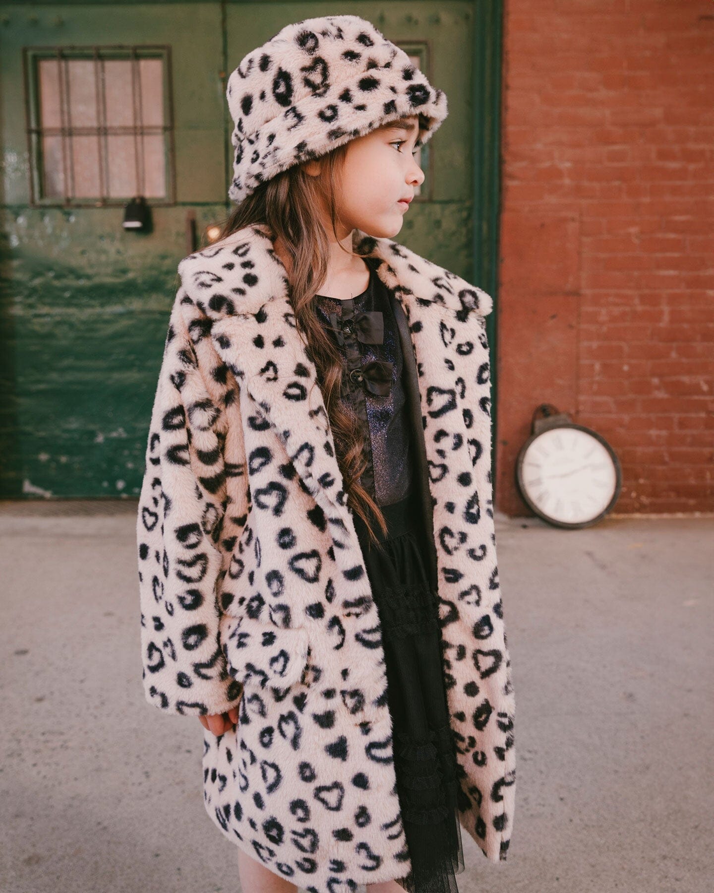 Printed Fake Fur Long Coat Black And Beige Leopard