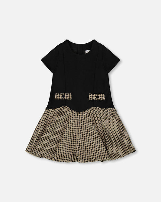 Short Sleeve Bi-Material Milano And Jacquard Knit Dress Black