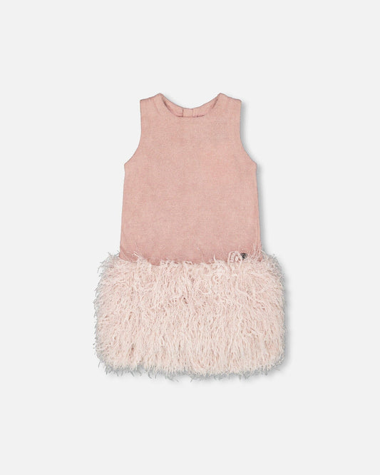 Sleeveless Bi-Material Lurex Dress With Feathers Light Pink