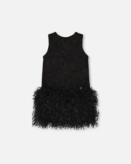 Sleeveless Bi-Material Lurex Dress With Feathers Black
