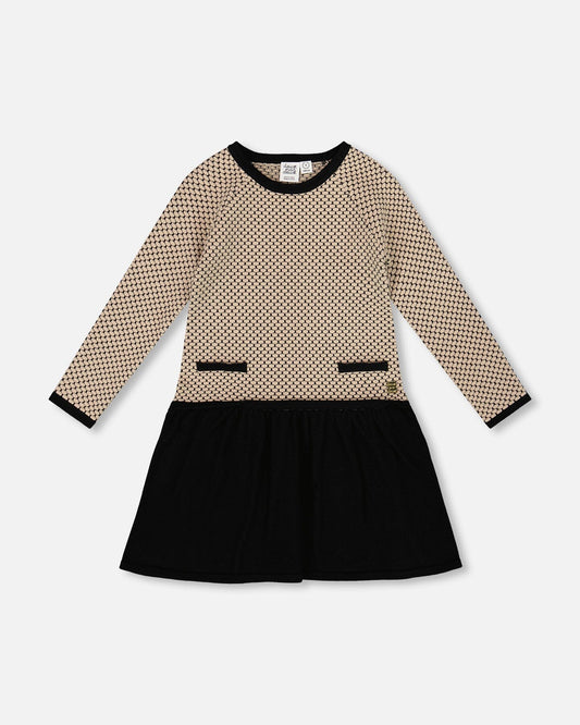 Long Sleeve Knit Sweater Dress Black And Beige
