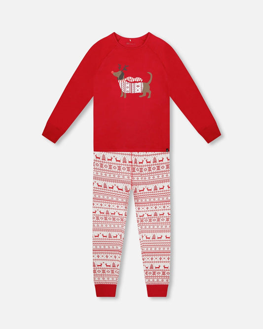 Adult Women Organic Cotton Two-Piece Pajamas Red And White Fairisle