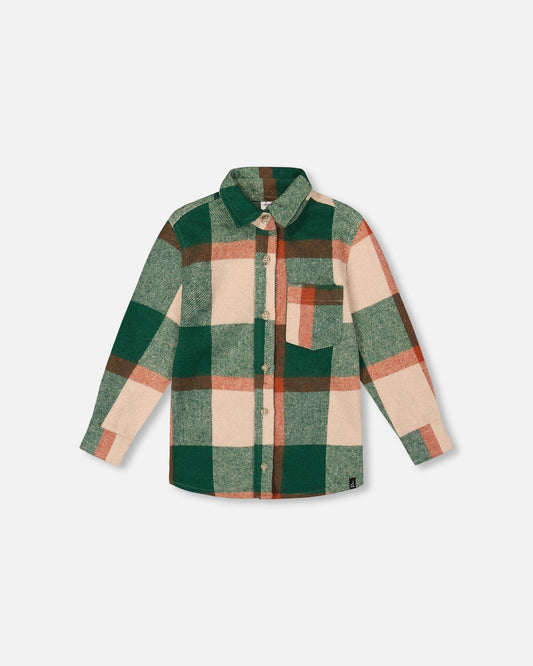 Long Sleeve Yarn Dyed Plaid Shirt Green And Orange
