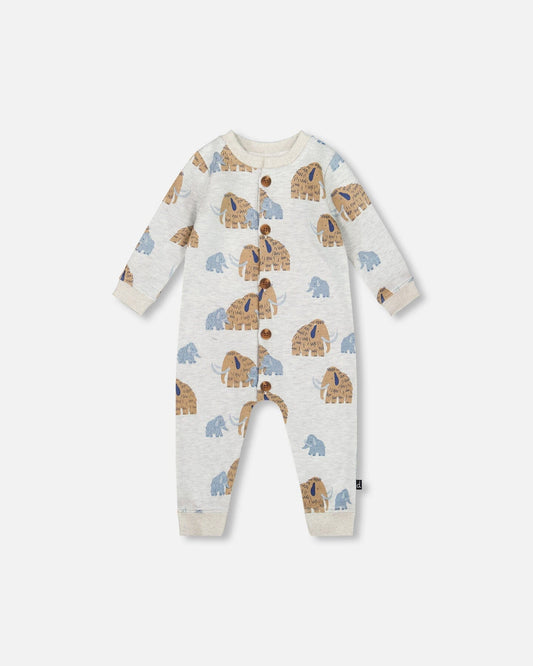 One-Piece Fleece Romper Beige Mammoth Print