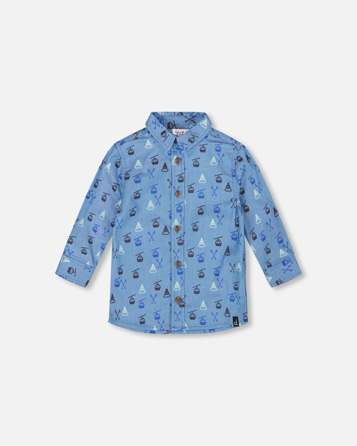 Printed Long Sleeve Button Front Chambray Shirt Blue
