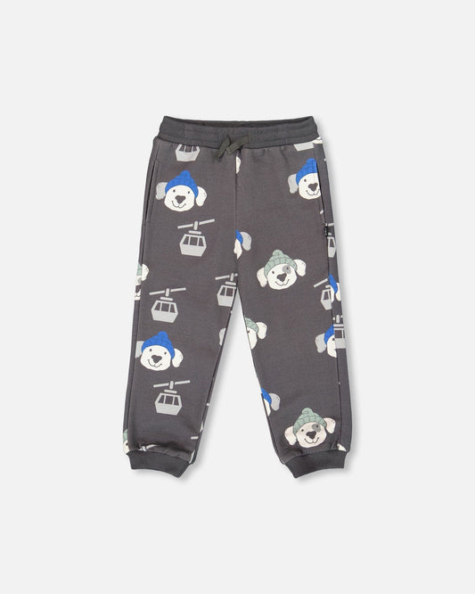 Fleece Sweatpants Gray Dog Print