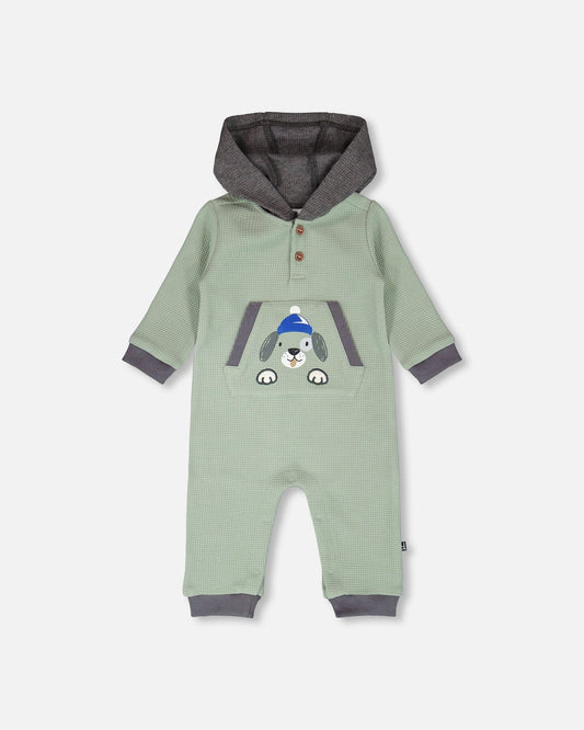 One-Piece Waffle Romper With Pocket Jade Green