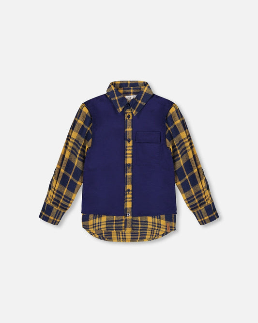 Long Sleeve Plaid Flannel Shirt With Solid Vest Blue And Ocher