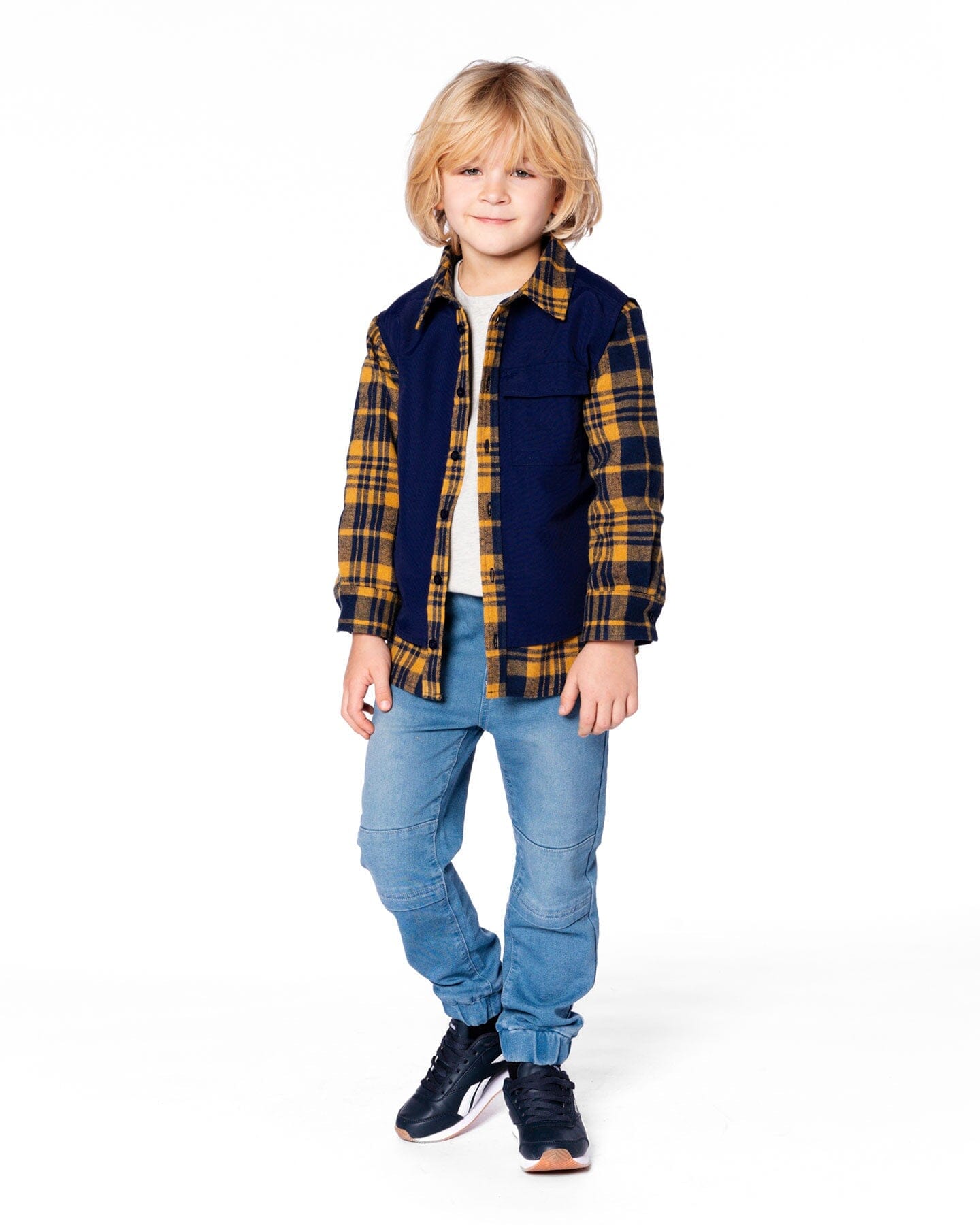 Long Sleeve Plaid Flannel Shirt With Solid Vest Blue And Ocher