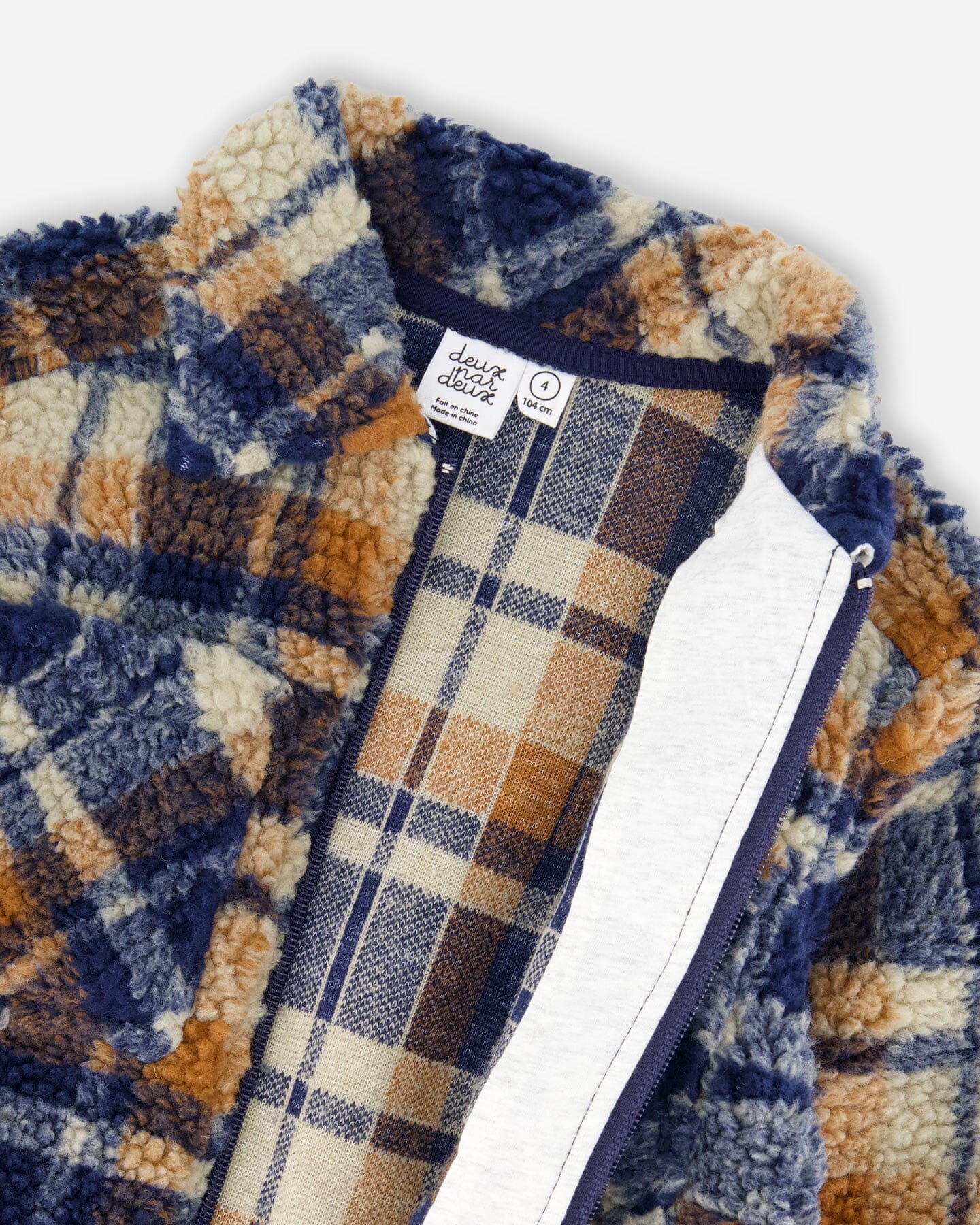 Sherpa Long Sleeve Zip Front Overshirt Blue And Brown Plaid