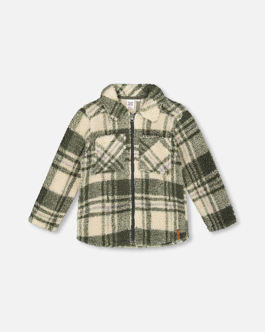 Sherpa Long Sleeve Zip Front Overshirt Sage And Beige Plaid