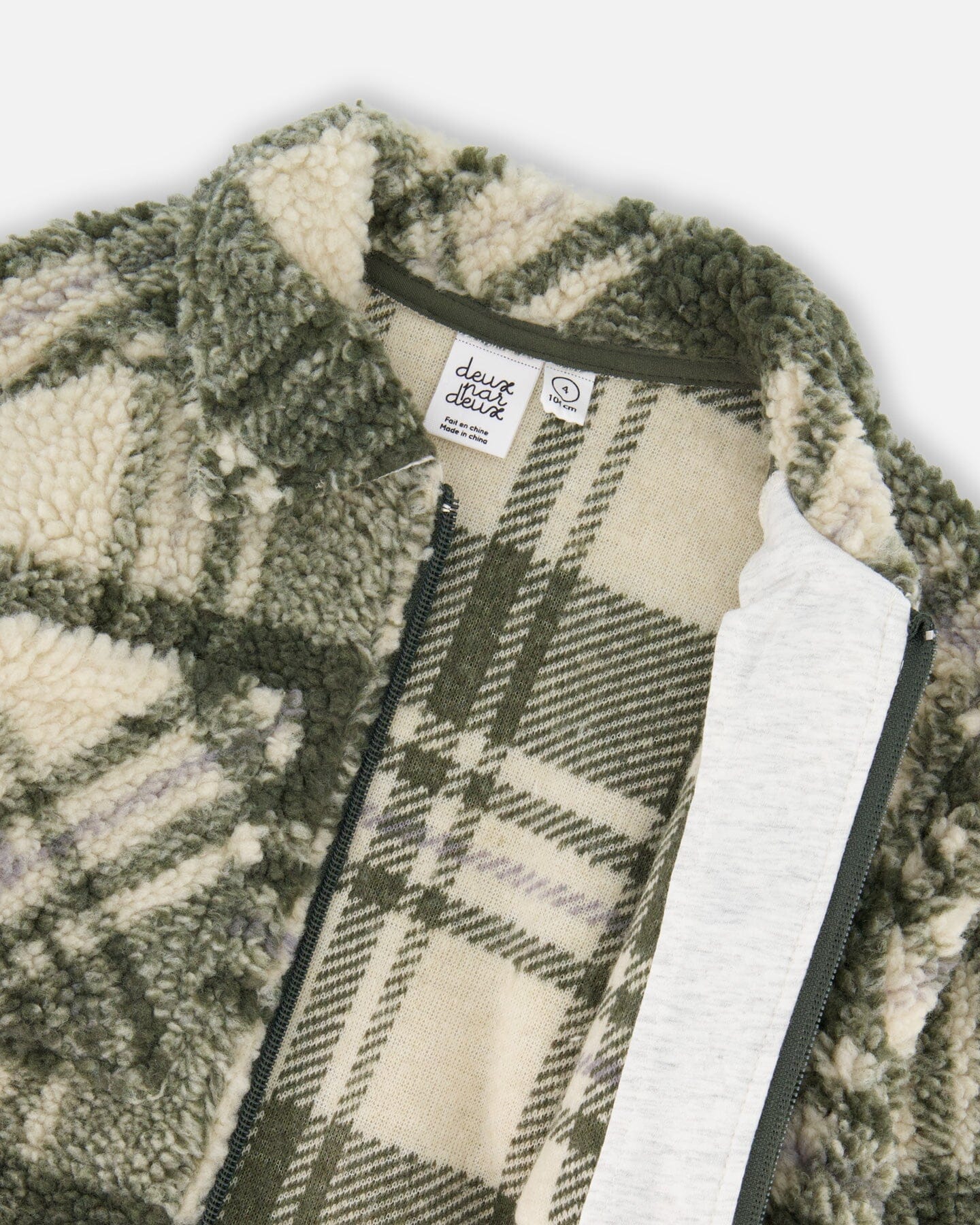 Sherpa Long Sleeve Zip Front Overshirt Sage And Beige Plaid