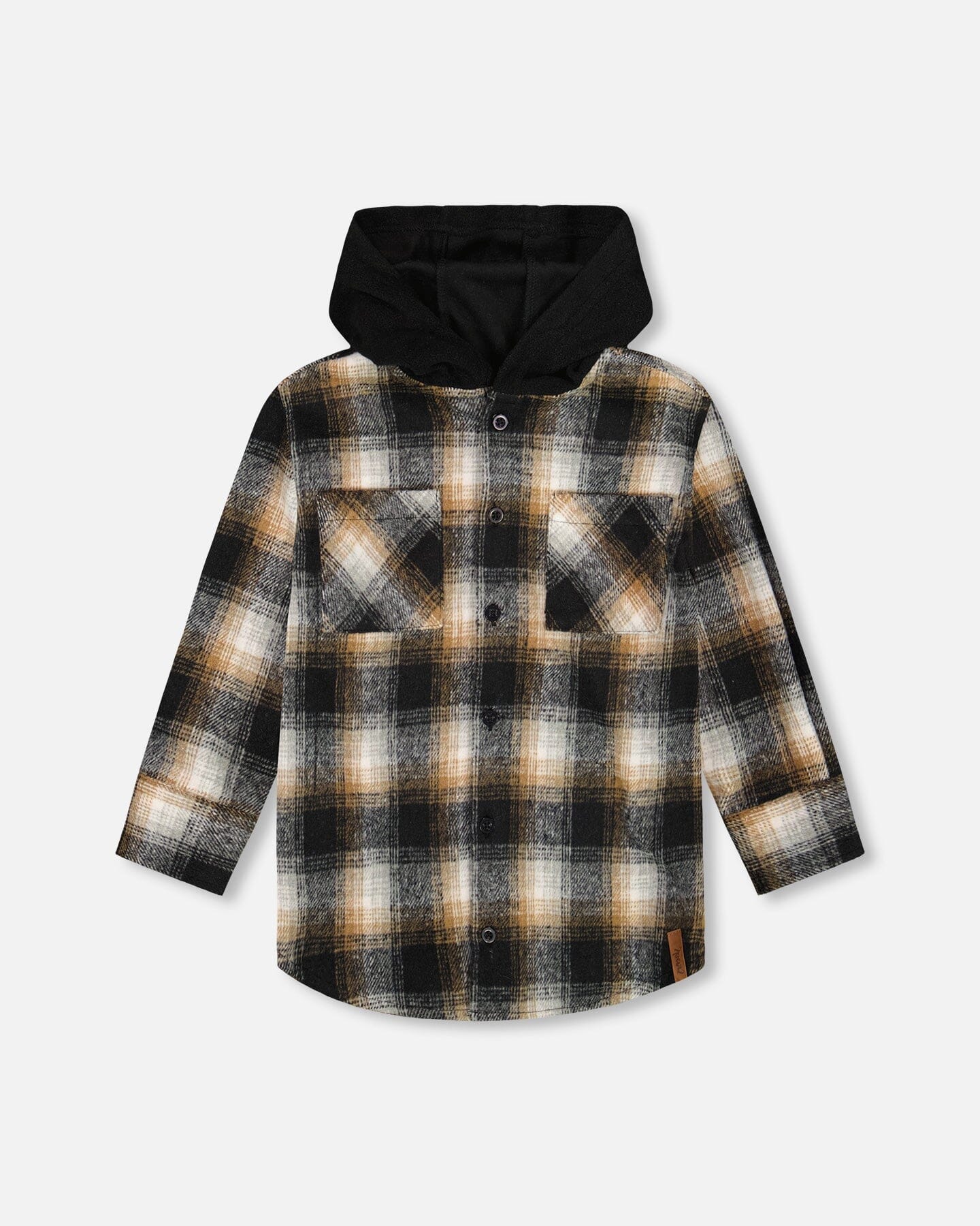 Hooded Polar Fleece Overshirt With Hood Black And Brown Plaid