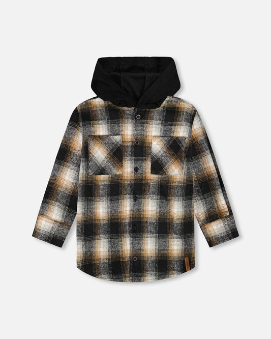 Hooded Polar Fleece Overshirt With Hood Black And Brown Plaid