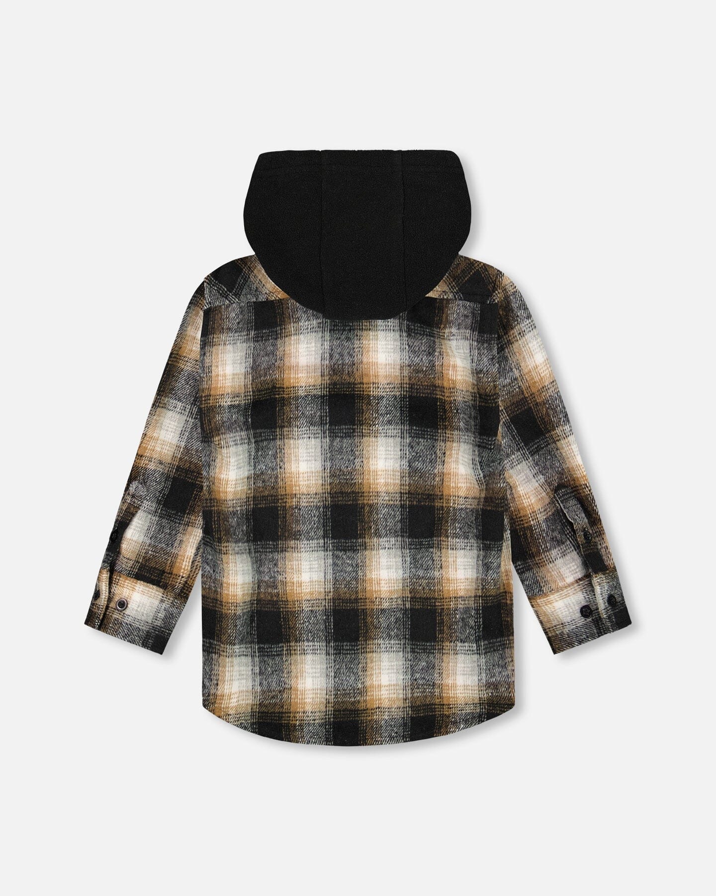 Hooded Polar Fleece Overshirt With Hood Black And Brown Plaid