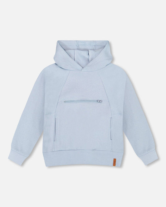 Pullover Hooded Fleece Sweatshirt With Zip Pocket Light Blue