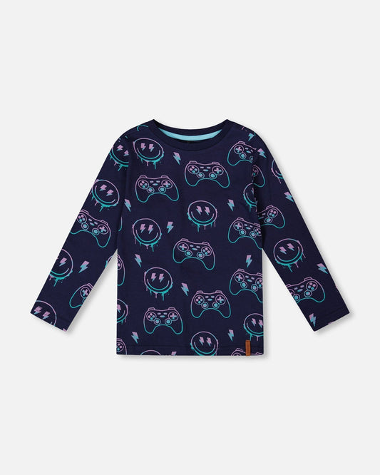 Long Sleeve Organic Cotton Allover Print Tee Navy Blue
