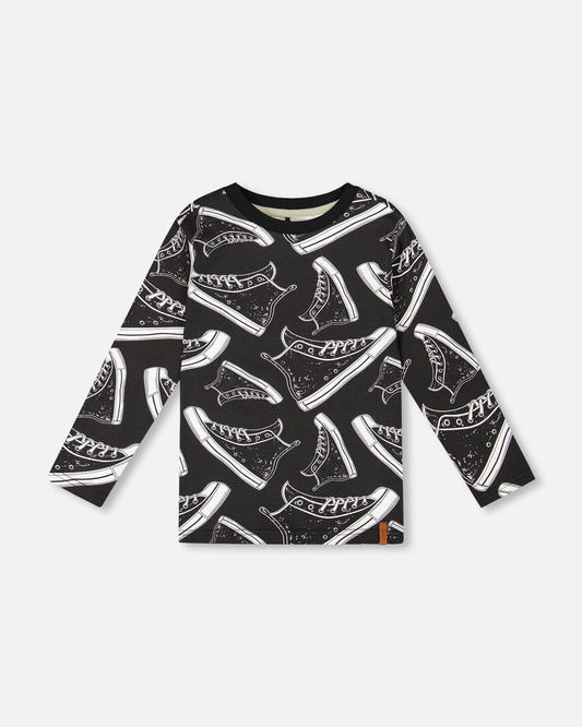Long Sleeve Organic Cotton Allover Print Tee Black