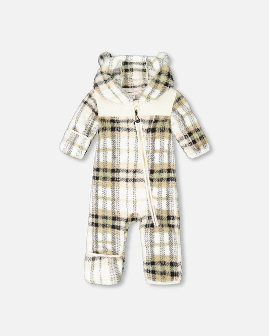 Baby Mid-Season Plush One Piece Outerwear Black And Beige Plaid