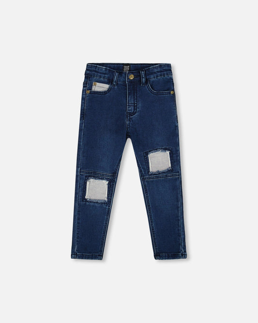 French Terry Blue Denim Pants With Contrasting Patch