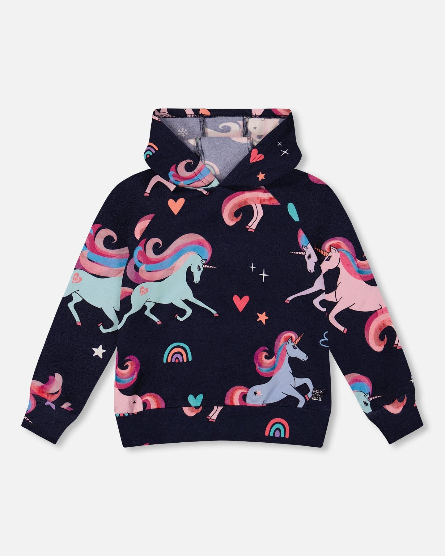 Pullover Fleece Hoodie Navy Unicorn Print