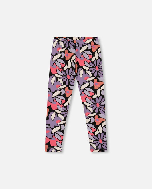 Stretch Jersey Leggings Black Retro Flower Print