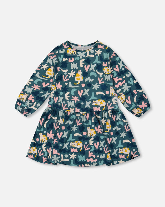 Jersey Dress Green Cat Print