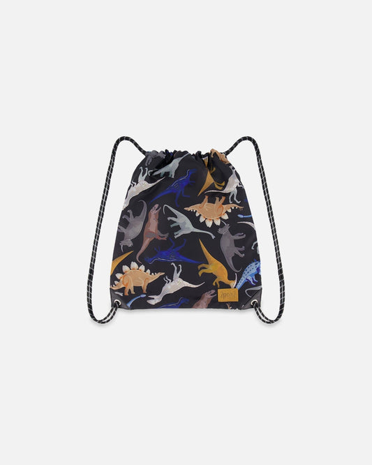 Drawstring Bag Black Dinosaur Print
