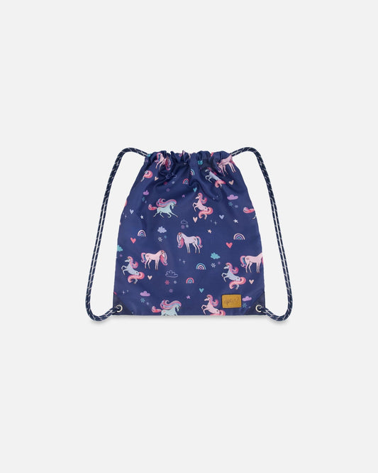 Drawstring Bag Navy Unicorn Print
