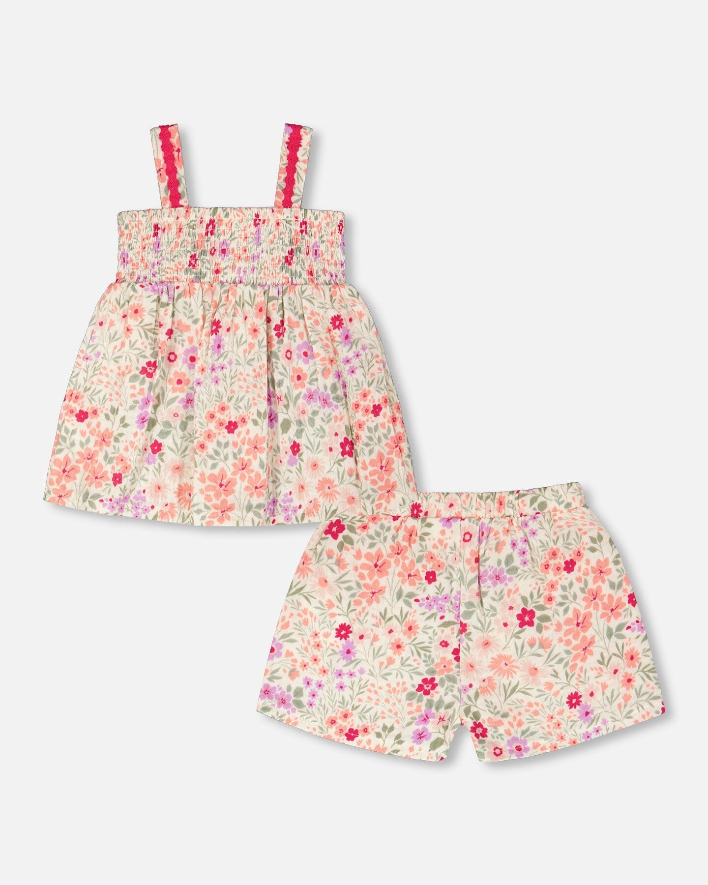 Tank Top With Smocking And Shorts Set In Muslin Off White Printed Flowers
