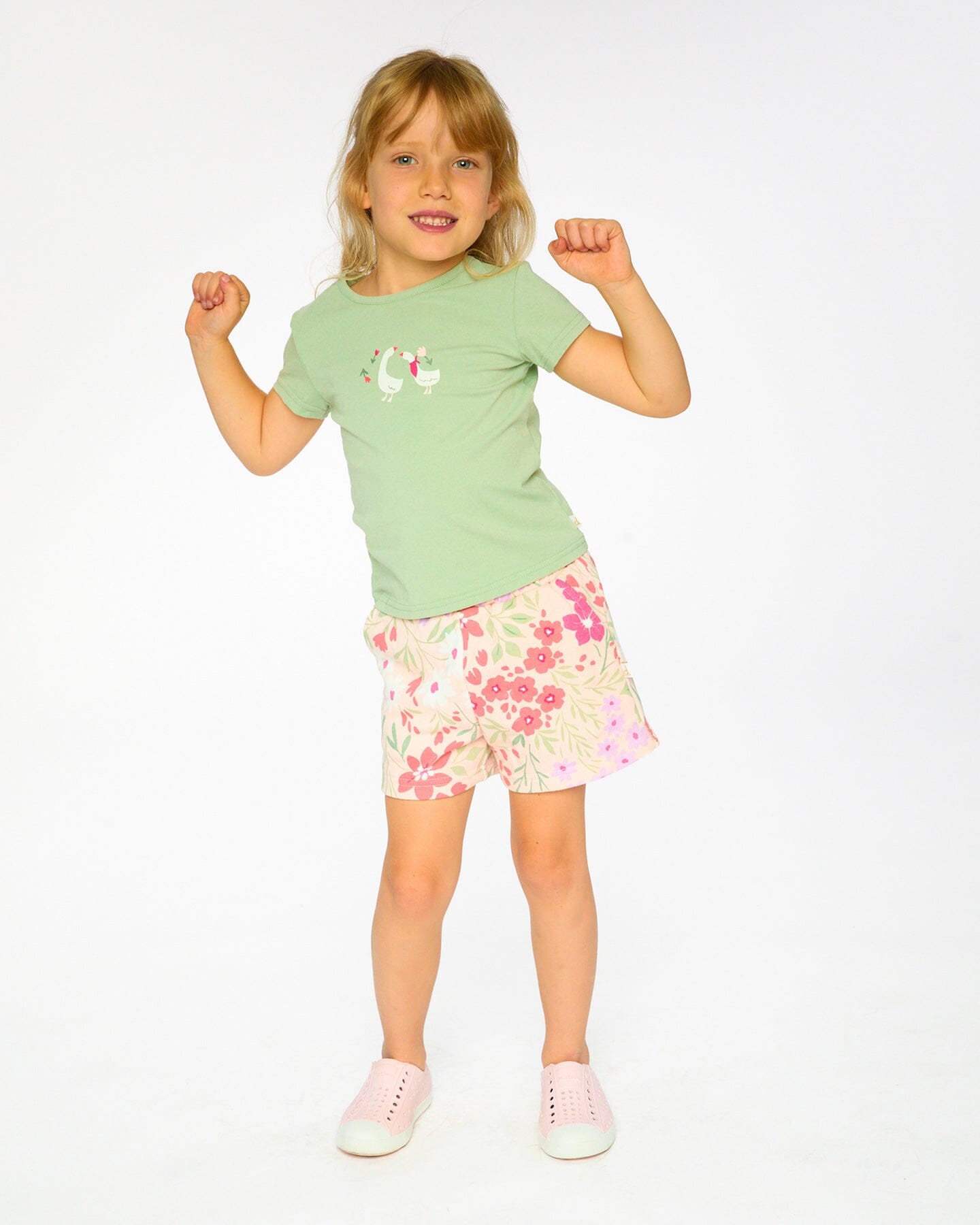 French Terry Shorts Pink Printed Flowers