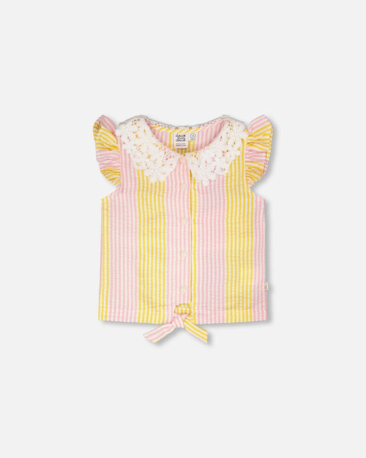 Sleeveless Shirt Pink And Yellow Stripes With Crochet Collar