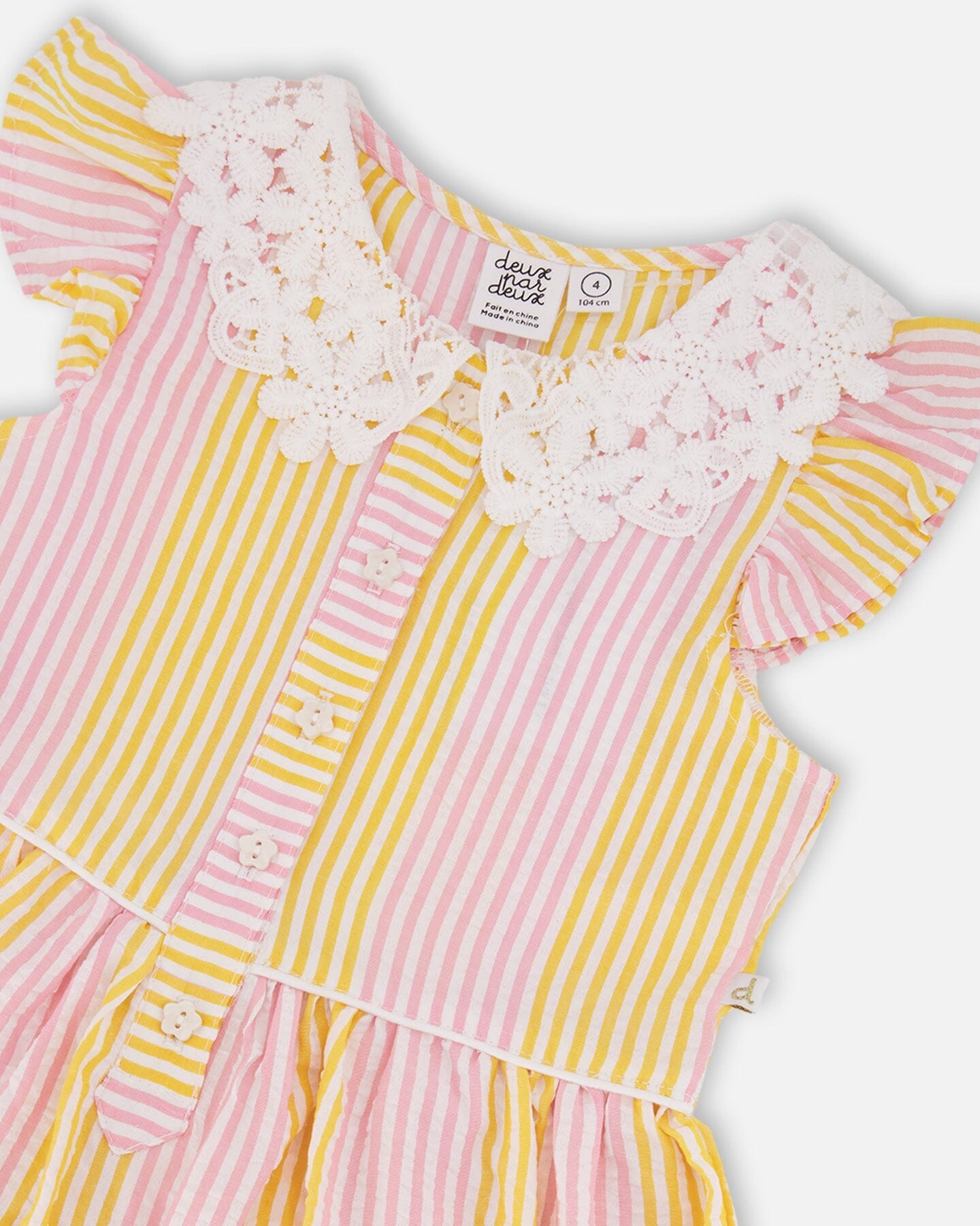 Sleeveless Dress With Crochet Peter Pan Collar Pink And Yellow Stripes