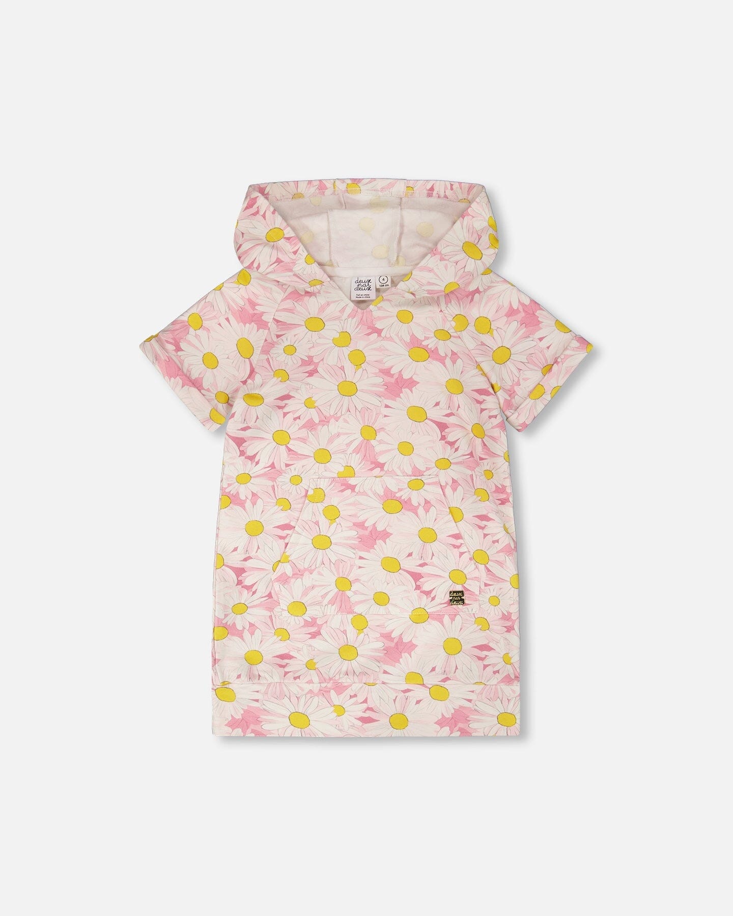 French Terry Hooded Dress Pink Printed Daisies