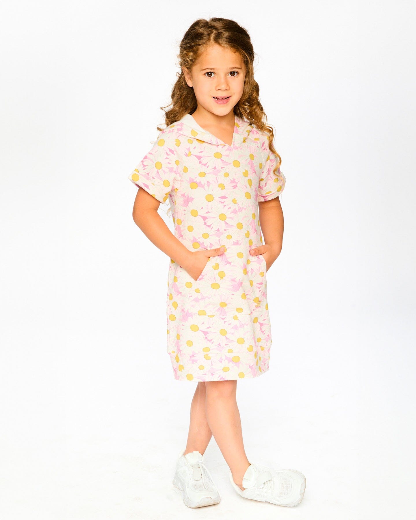 French Terry Hooded Dress Pink Printed Daisies