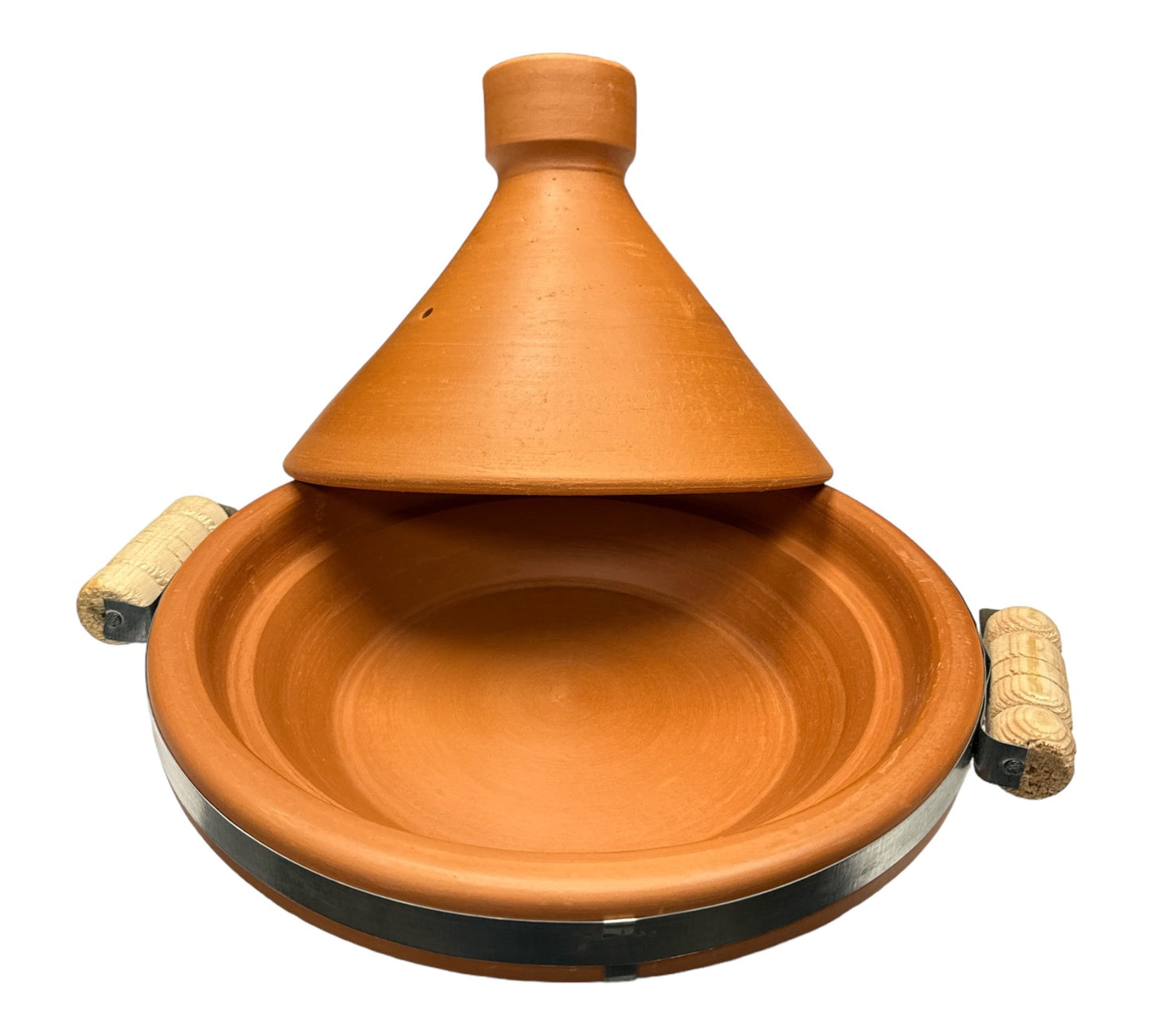 Tagine Clay Pot Natural with Metal Belt & wood hand 30cm