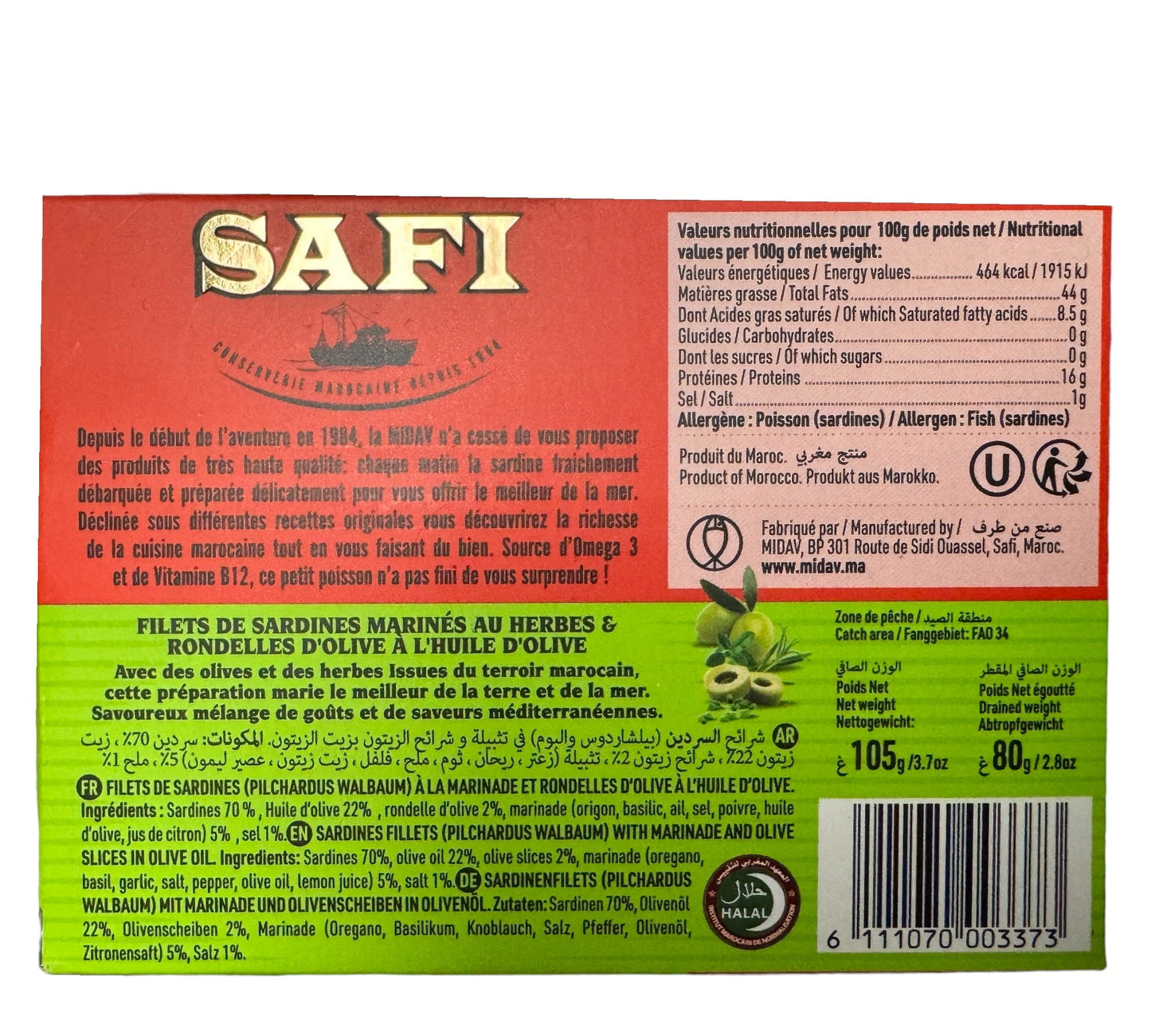 Safi Filets Sardine in Olive Oil with Herbes& slices green olives 105g