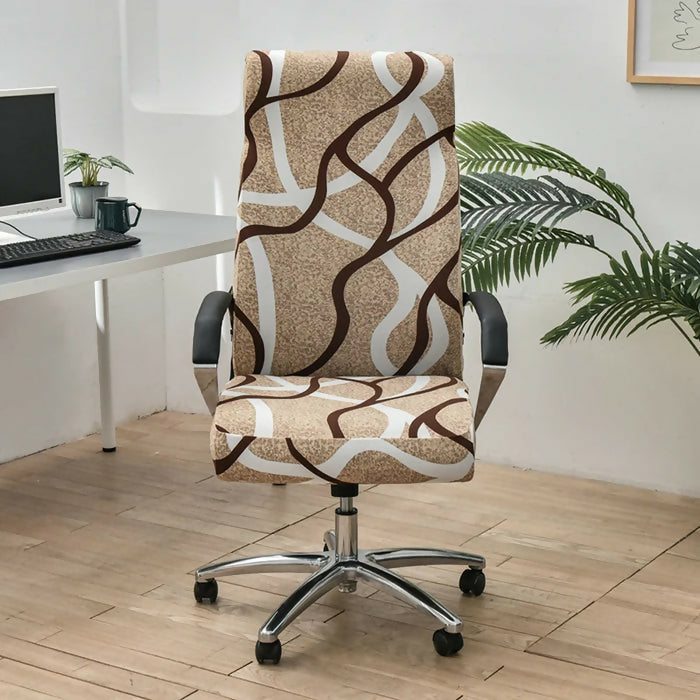 Anyhouz Office Chair Cover Brown Wave Line Non-Slip Rotating Seat