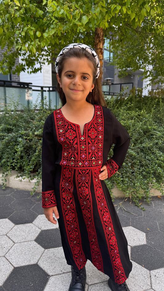 Kids Palestinian Thobe Traditional Dress | Black with Red Tatreez Embroidery – Sizes Toddler to Youth