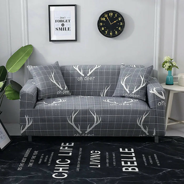 Anyhouz Sofa Cover Gray Plaid Christmas Reindeer Horn Design Stretchable Non Slip Slipcover