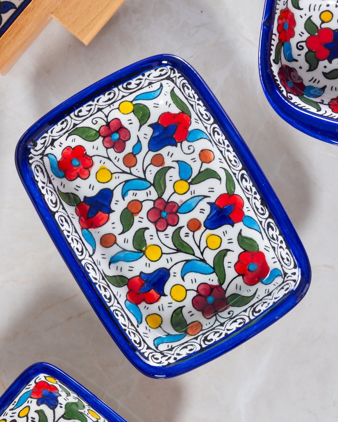 Rectangular Side Dishes – Hand-Painted Palestinian Ceramic | Multicolor & Navy
