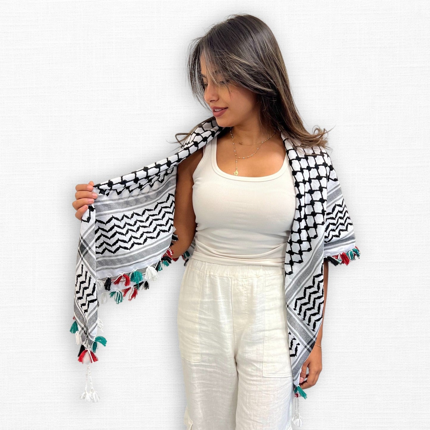 Kufiya royale (keffieh) | Drapeau à pompons faits main