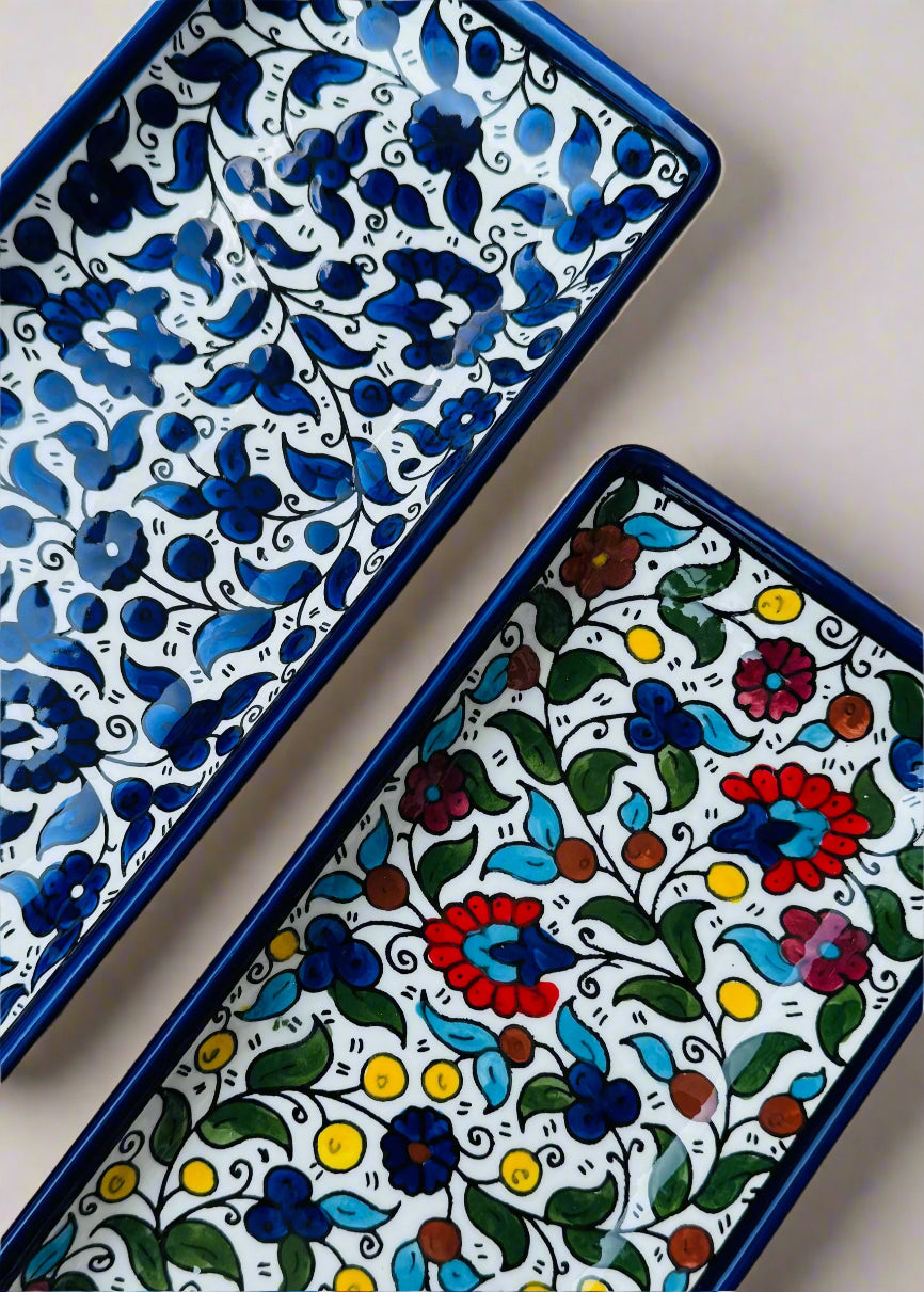 Serving Dishes | Round & Rectangular – Hand-Painted Palestinian Ceramic | Multicolor & Navy