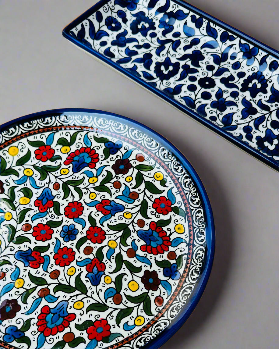 Serving Dishes | Round & Rectangular – Hand-Painted Palestinian Ceramic | Multicolor & Navy