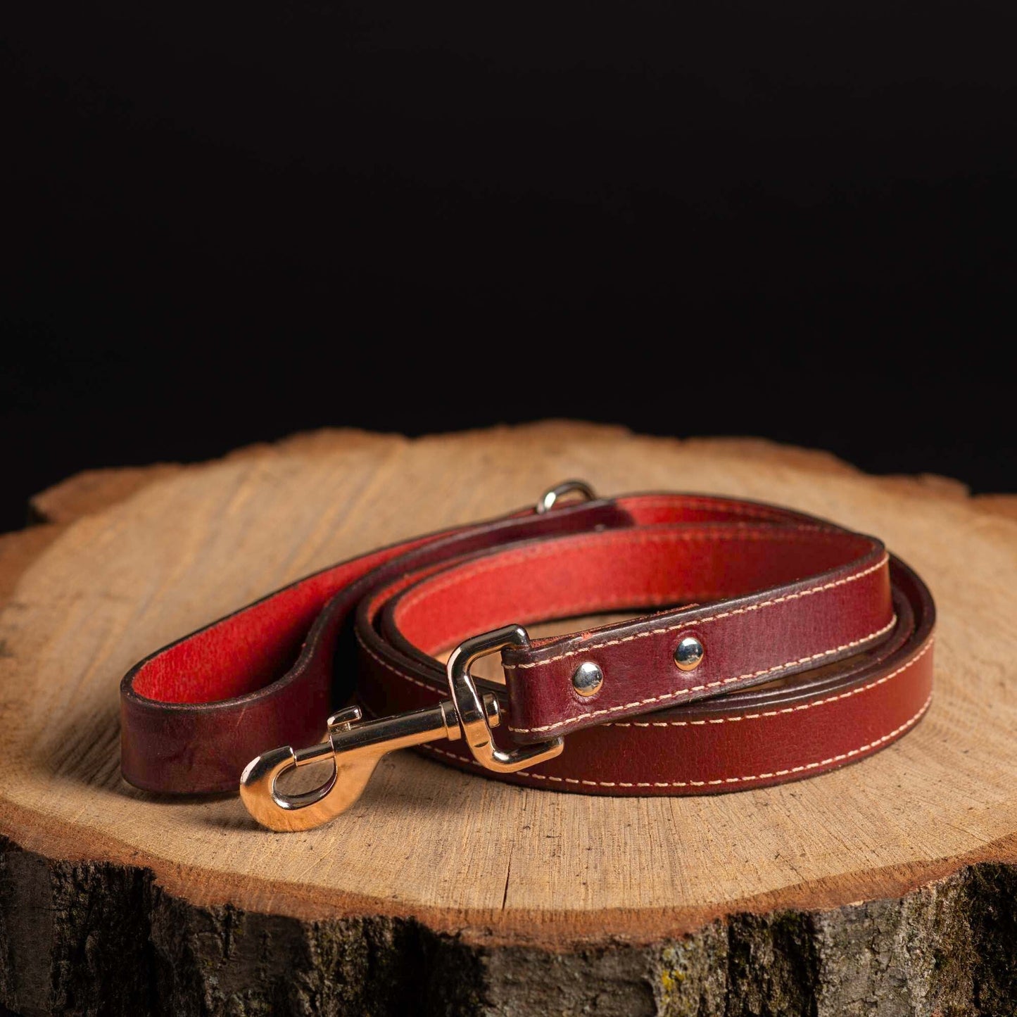 Cognac Stitched Leather Dog Leash 60'' - Made in Canada