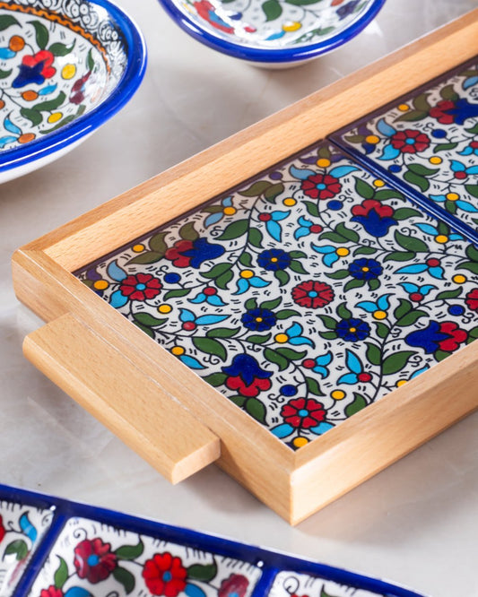 Tray with Wood Handle | Rectangular & Square – Hand-Painted Palestinian Ceramic | Multicolor & Navy