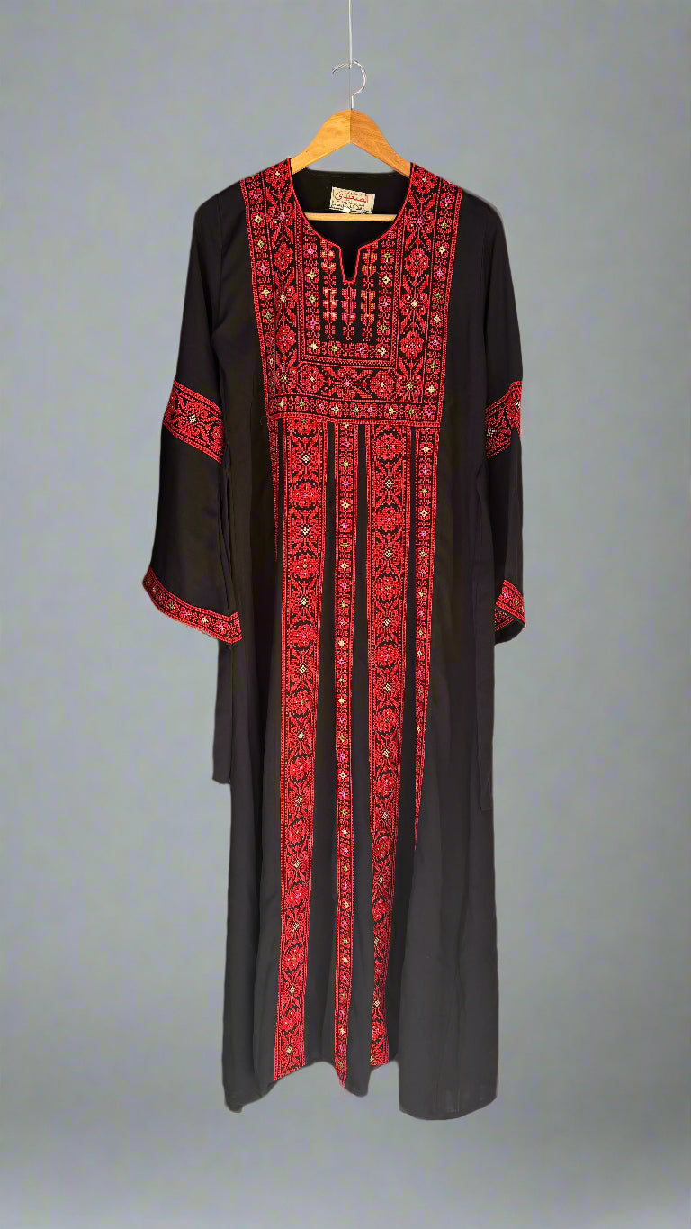 Palestinian Thobe Traditional Dress | Black with Red Tatreez Embroidery for Adults