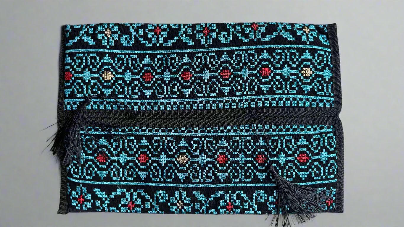 Tatreez Tissue Box | Red, Gold & Teal – Handcrafted Fabric Cover Made in Jordan