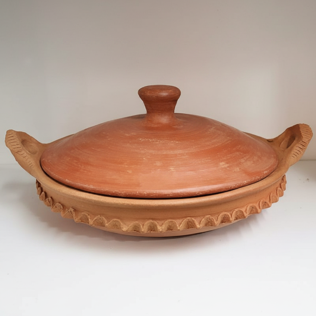CHAMAL natural unglazed clay tagine 30cm terracotta on light gray background